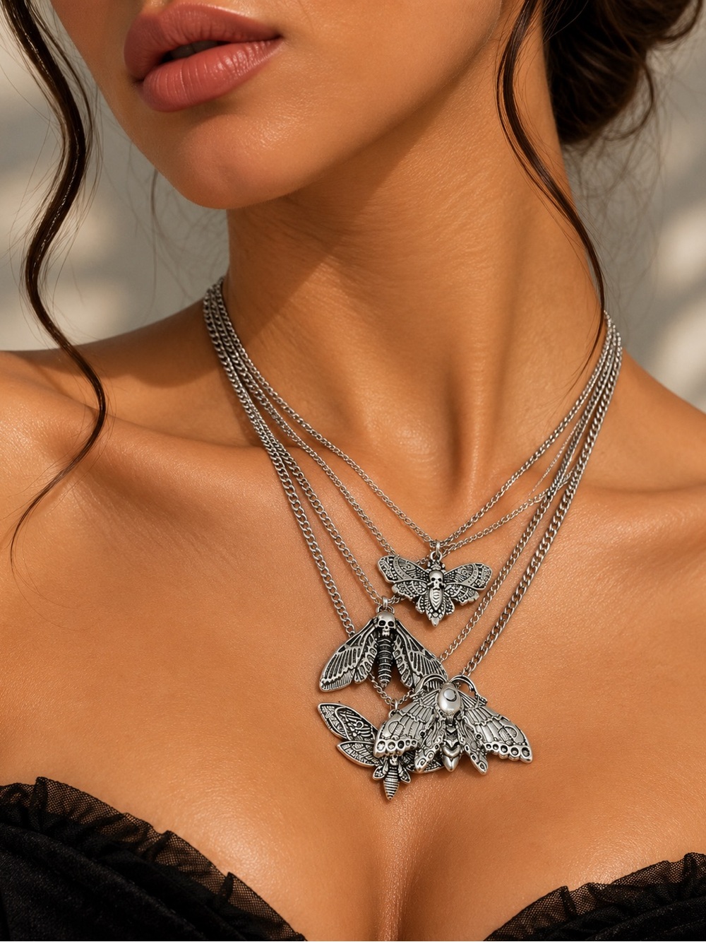 Layered Silver Moth Pendant Necklace Set - Women Jewelry